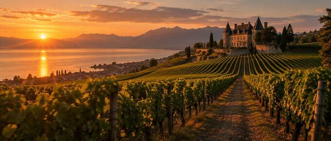 Szene aus Kapitel 4: Weinberge am Genfer See bei Sonnenuntergang